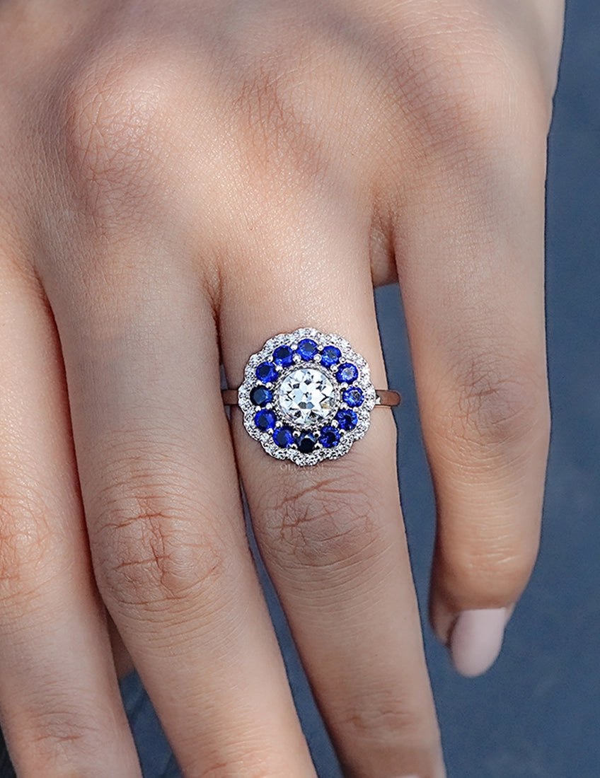 Art Deco Old European Round Cut Sapphire Halo Ring Engagement Ring