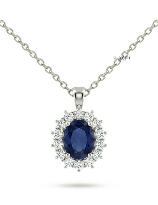 Blue Sapphire Oval Cut Halo Diamond Pendant Necklaces