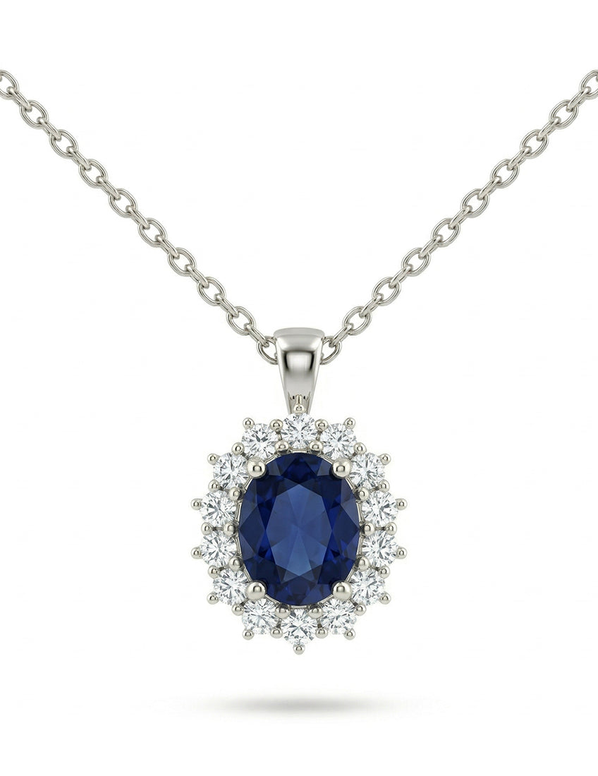 Blue Sapphire Oval Cut Halo Diamond Pendant Necklaces