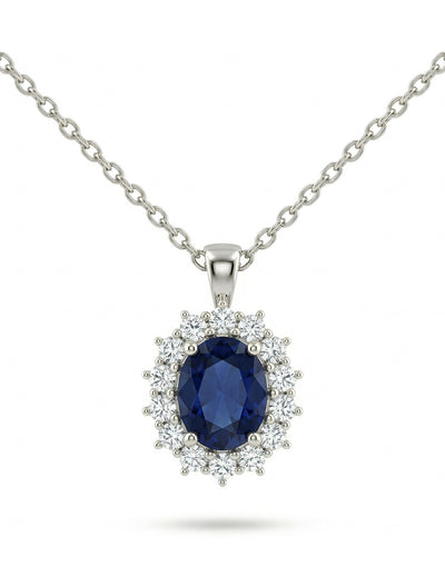 Blue Sapphire Oval Cut Halo Diamond Pendant