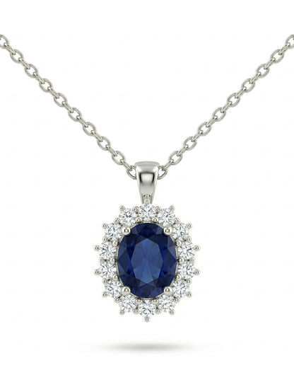 Blue Sapphire Oval Cut Halo Diamond Pendant Necklaces