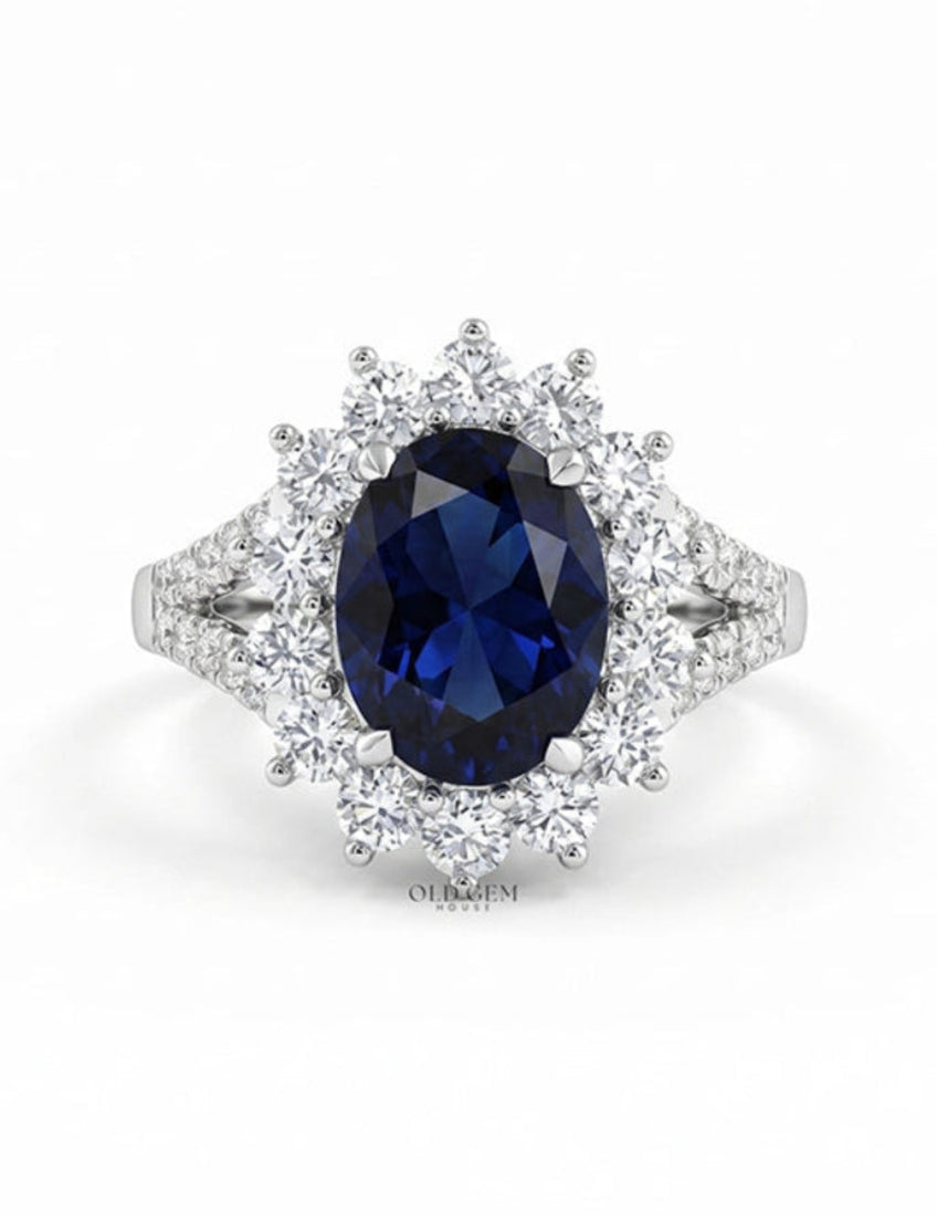 Retro Blue Sapphire Oval Cut Halo Accent Ring Engagement Ring