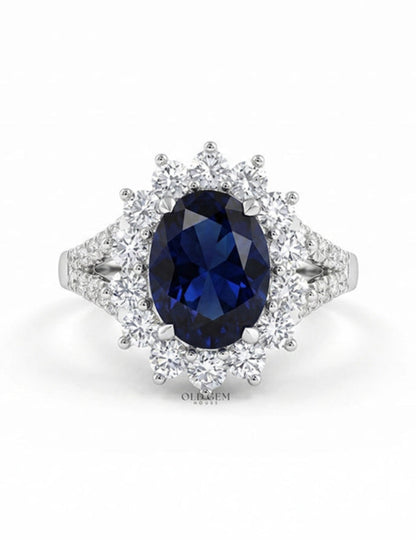 Retro Blue Sapphire Oval Cut Halo Accent Ring Engagement Ring