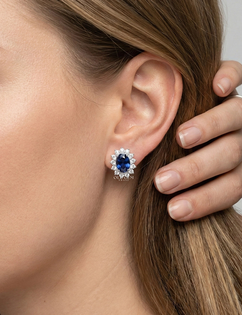 Blue Sapphire Oval Cut Halo Stud Earring Earrings