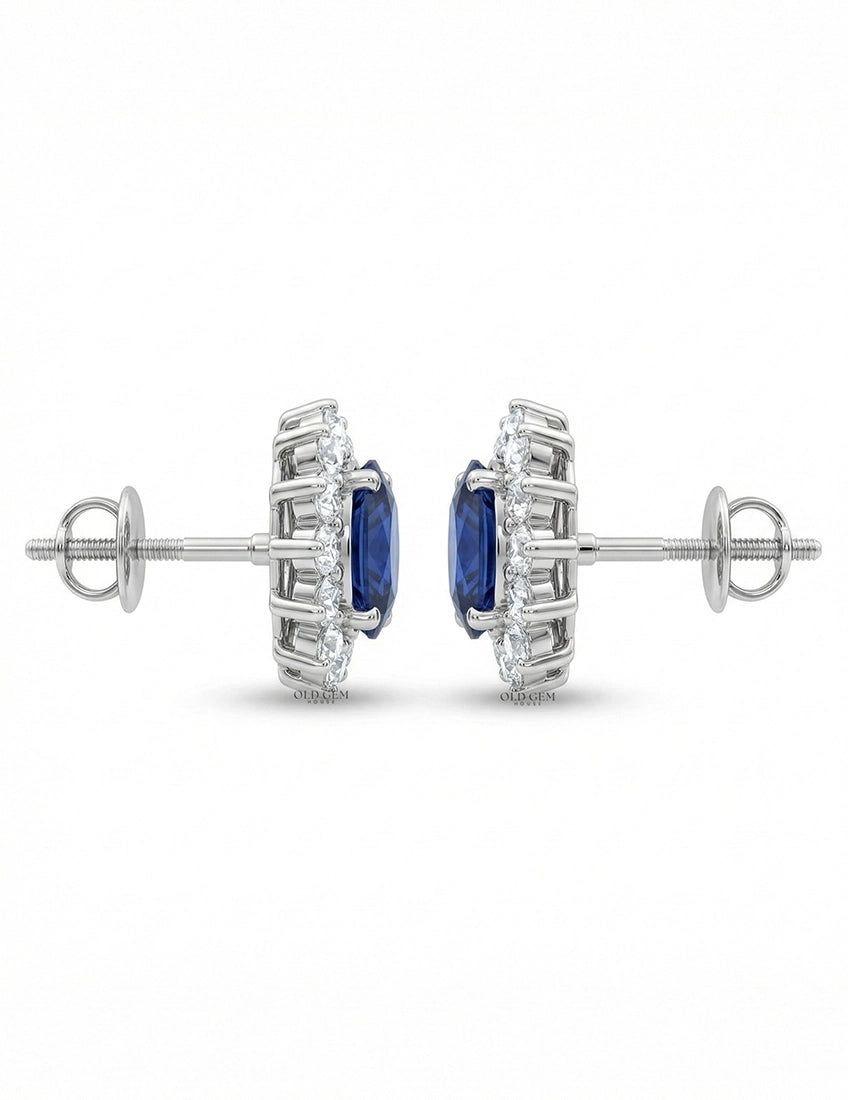 Blue Sapphire Oval Cut Halo Stud Earring Earrings