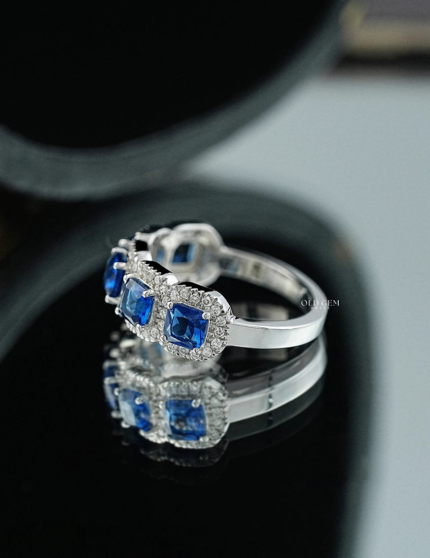 Blue Sapphire Asscher Cut Halo Wedding Ring