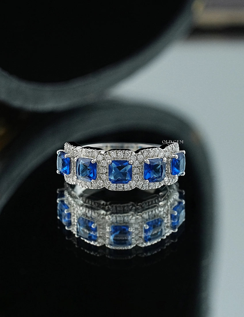 Blue Sapphire Asscher Cut Halo Wedding Ring Wedding Band