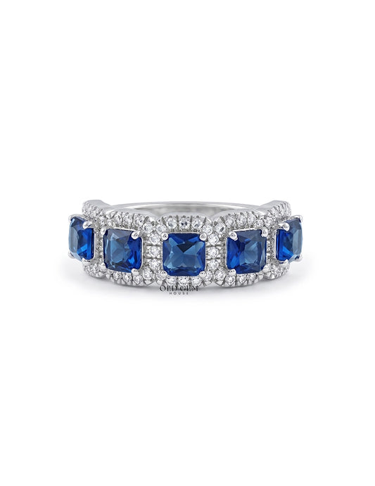 Art Deco Blue Asscher Gemstone Halo Five Stone Wedding Band Wedding Band