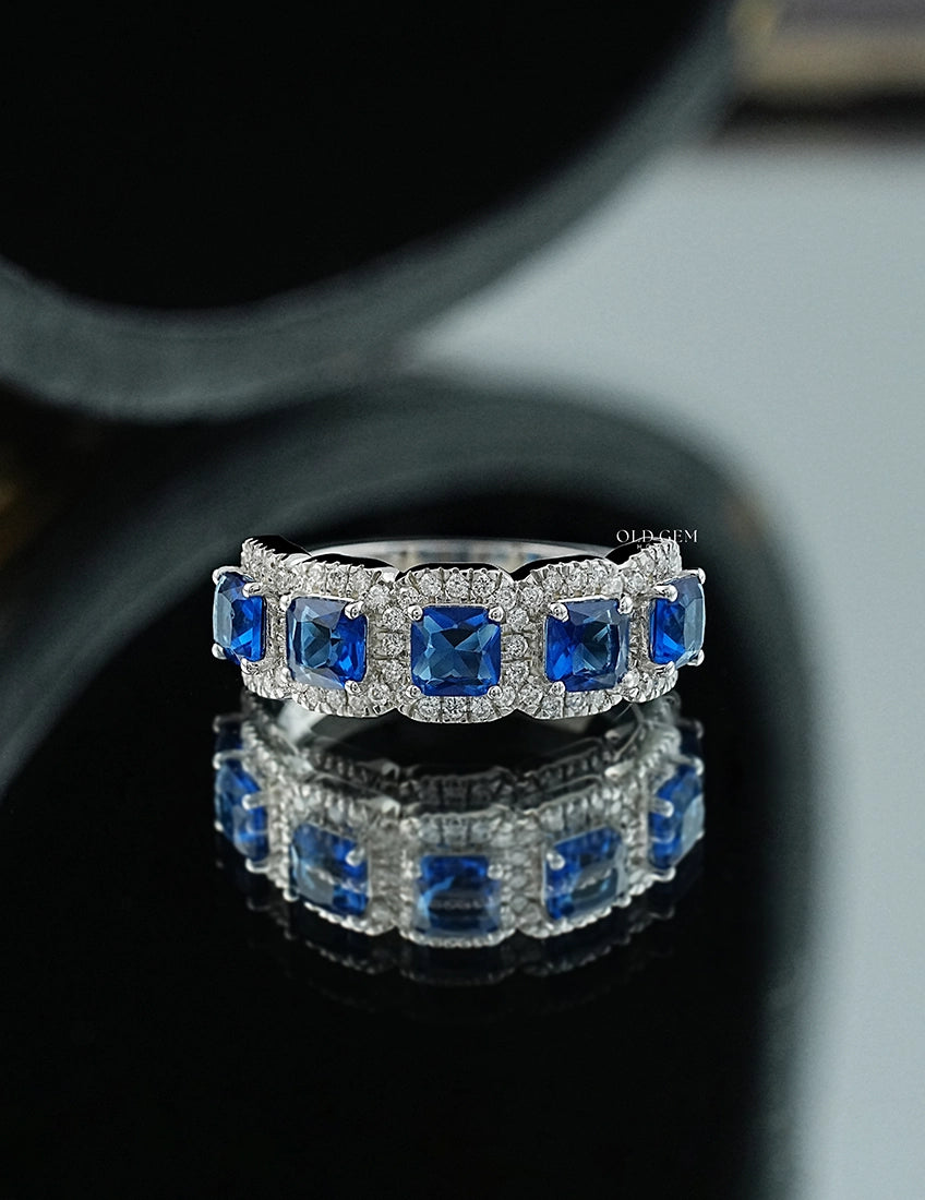 Blue Sapphire Asscher Cut Halo Wedding Ring