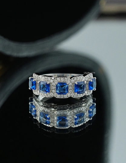 Blue Sapphire Asscher Cut Halo Wedding Ring