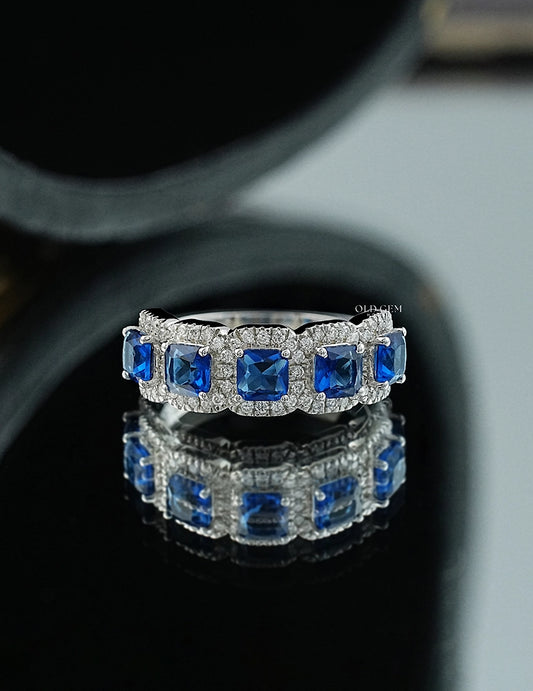 Blue Sapphire Asscher Cut Halo Wedding Ring