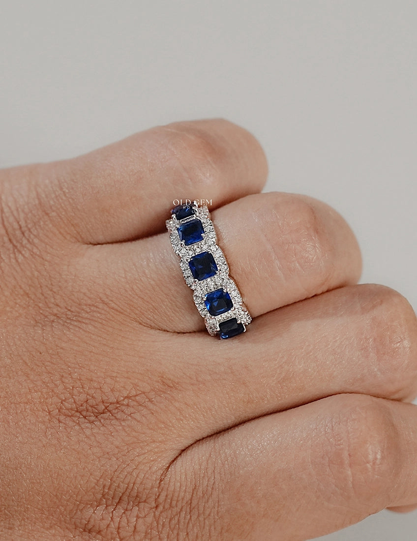 Blue Sapphire Asscher Cut Halo Wedding Ring