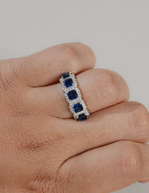 Blue Sapphire Asscher Cut Halo Wedding Ring