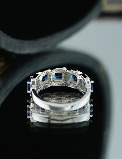 Blue Sapphire Asscher Cut Halo Wedding Ring