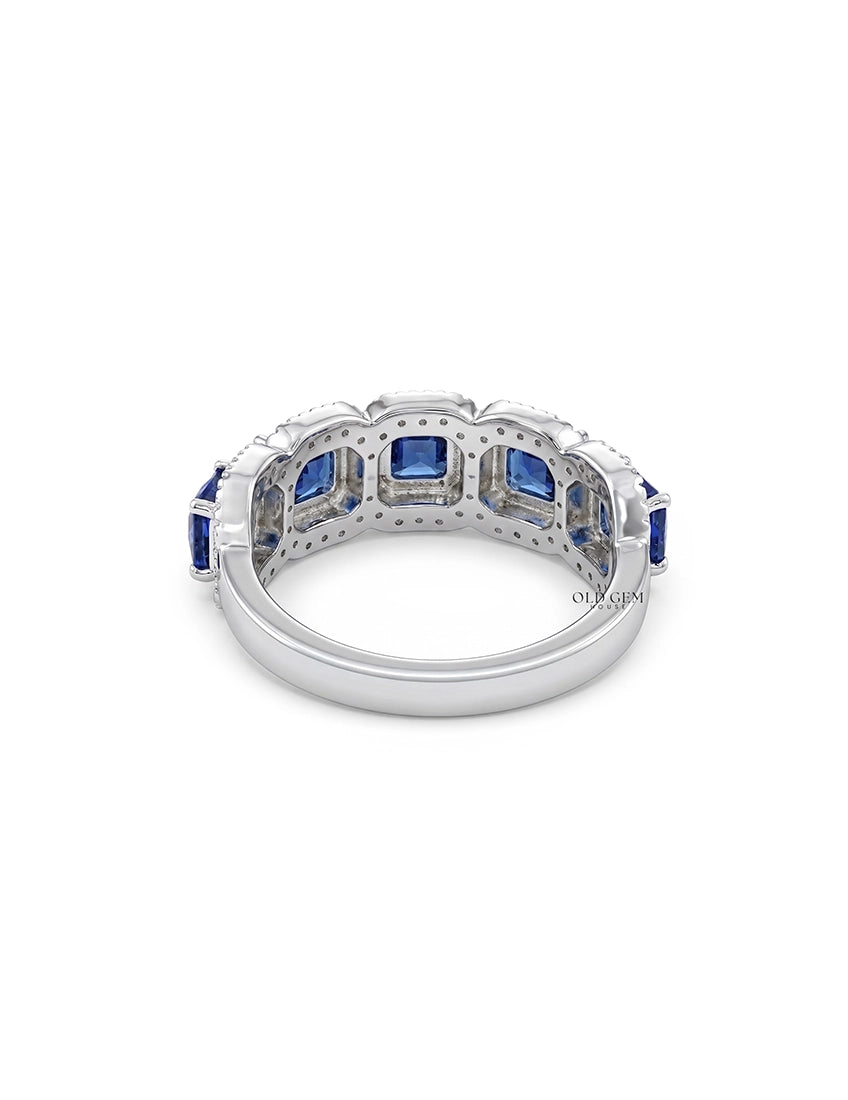 Art Deco Blue Asscher Gemstone Halo Five Stone Wedding Band Wedding Band