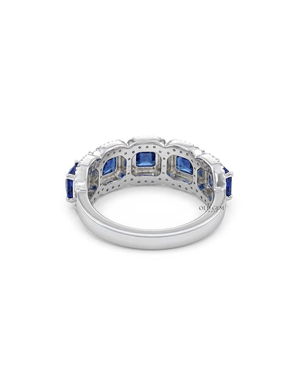 Art Deco Blue Asscher Gemstone Halo Five Stone Wedding Band Wedding Band