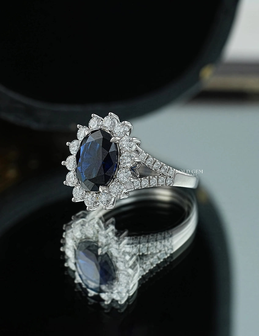 Blue Sapphire Oval Cut Halo Accent Engagement Ring