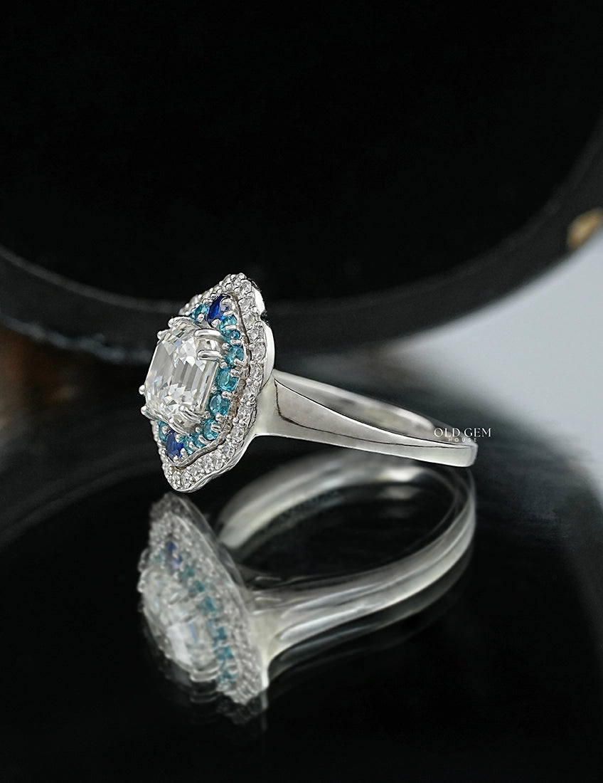 Old Mine Asscher Blue Sapphire Halo Ring