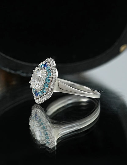 Old Mine Asscher Blue Sapphire Halo Ring