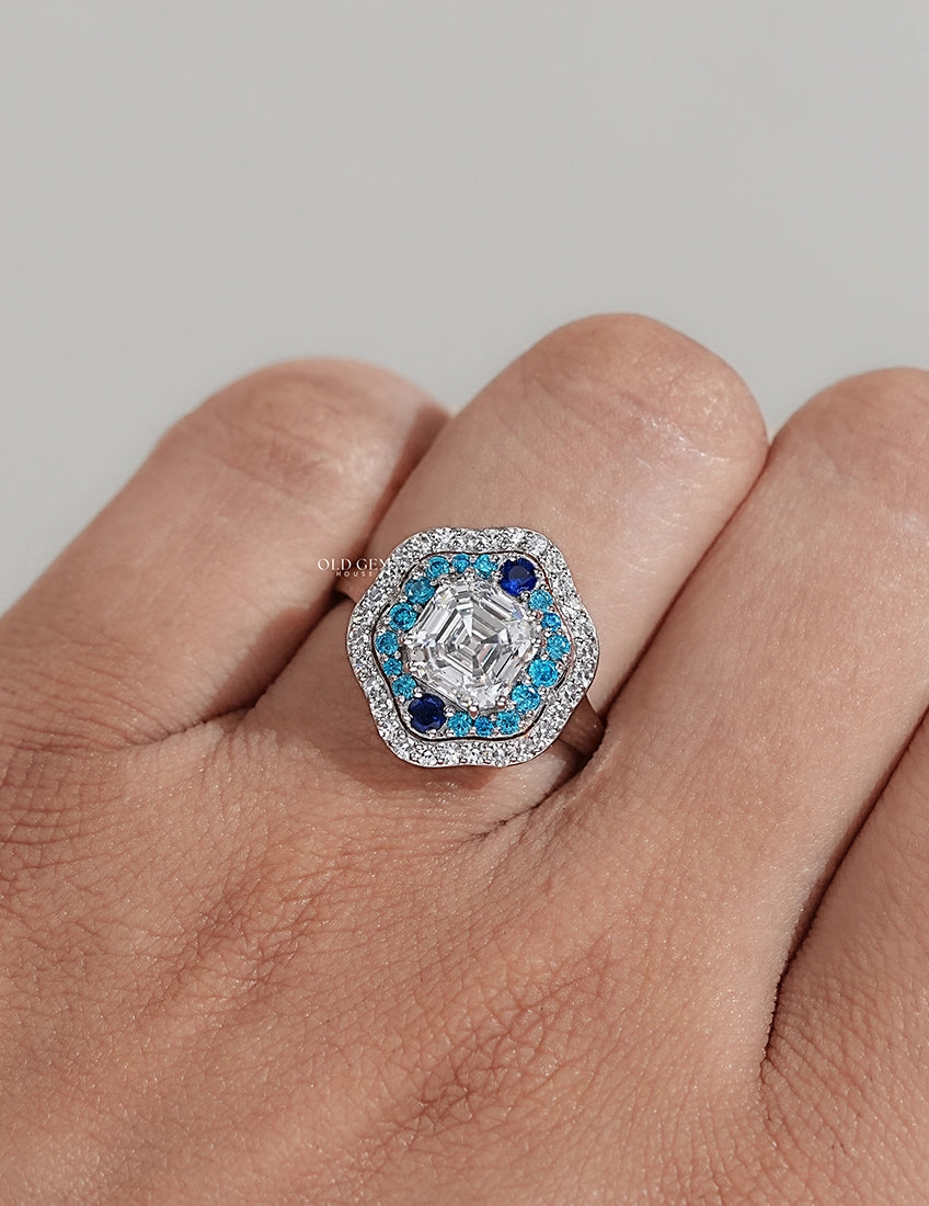 Old Mine Asscher Blue Sapphire Halo Ring