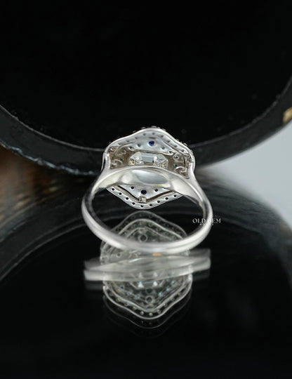 Old Mine Asscher Blue Sapphire Halo Ring
