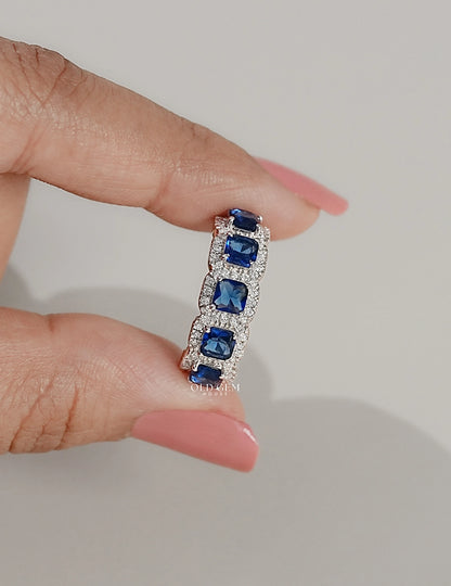 Blue Sapphire Asscher Cut Halo Wedding Ring