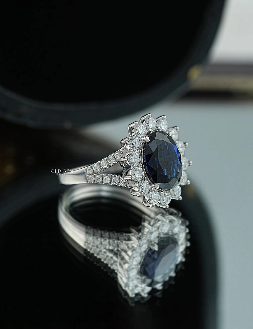 Blue Sapphire Oval Cut Halo Accent Engagement Ring