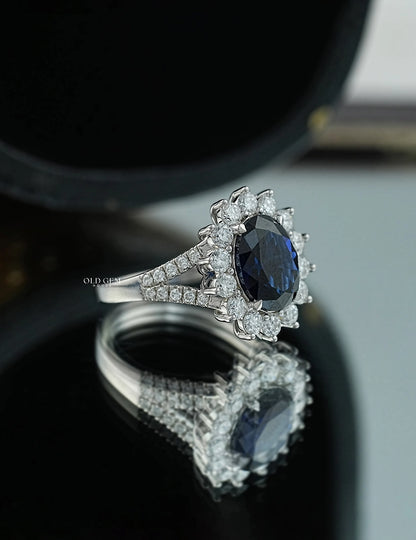 Blue Sapphire Oval Cut Halo Accent Engagement Ring
