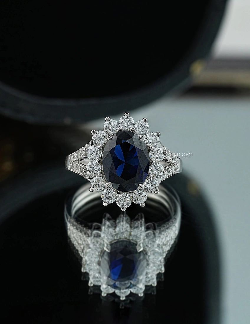 Blue Sapphire Oval Cut Halo Accent Engagement Ring