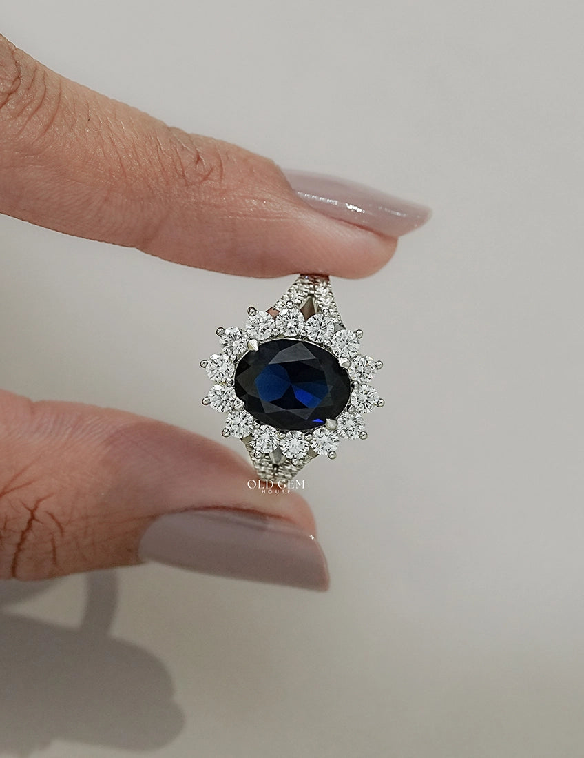 Blue Sapphire Oval Cut Halo Accent Engagement Ring