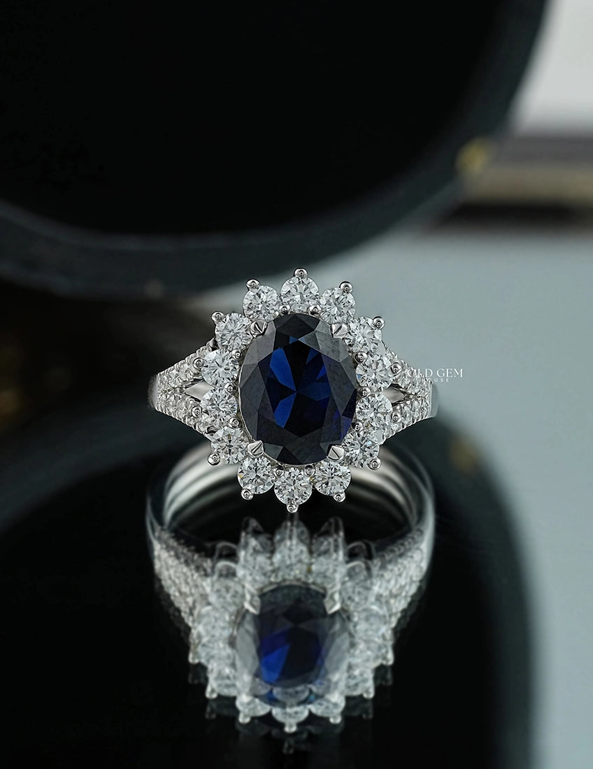 Blue Sapphire Oval Cut Halo Accent Engagement Ring Engagement Ring