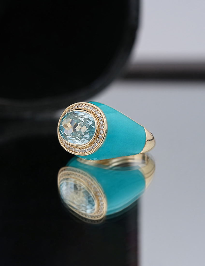 Victorian Blue Topaz East West Oval Enamel Cocktail Ring Wedding Band