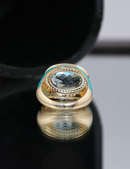 Blue Topaz Oval Gemstone Halo Enamel Dome Ring Wedding Band