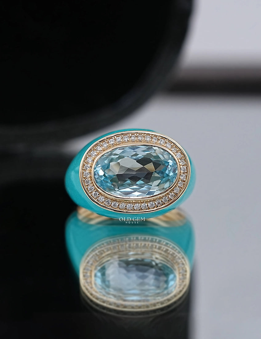 Blue Topaz Oval Gemstone Halo Enamel Dome Ring Wedding Band