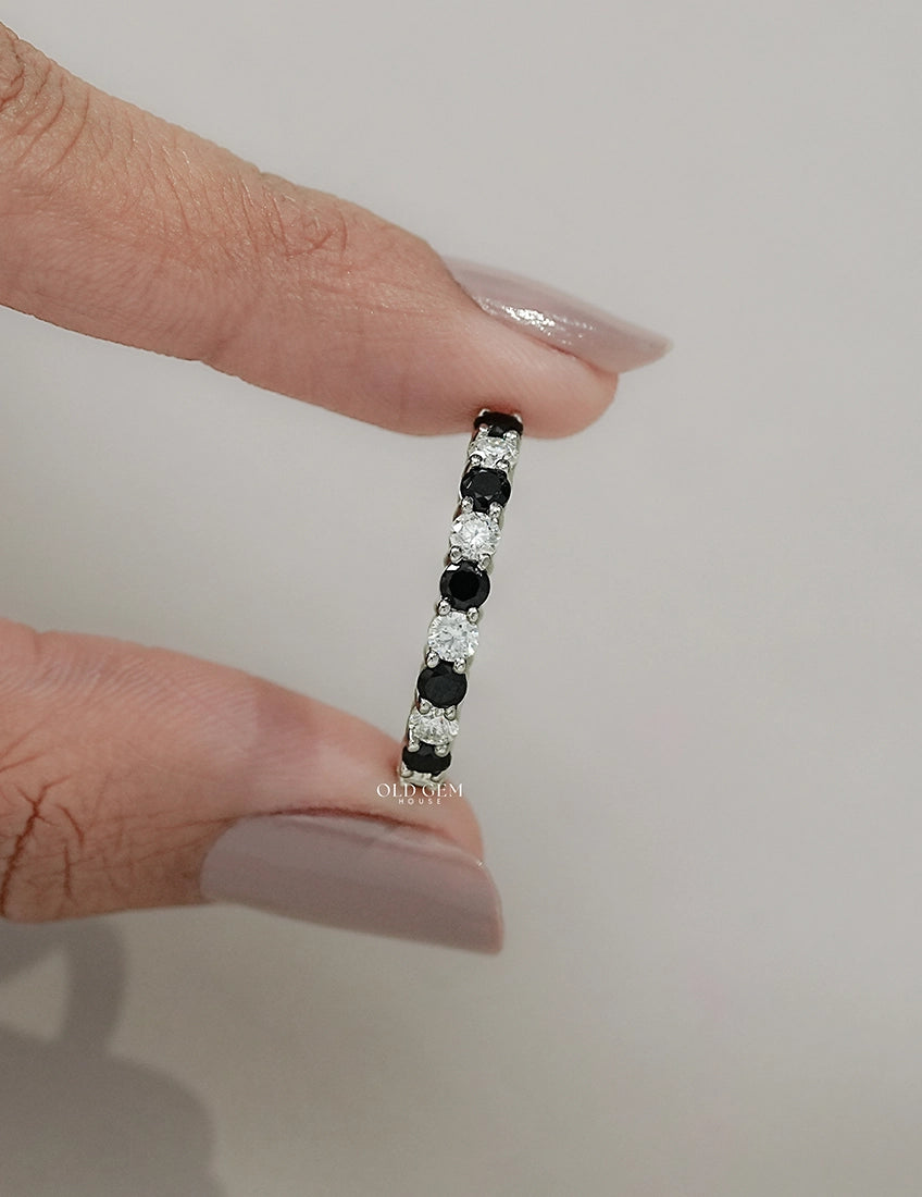 Art Deco Black Round Gemstone Half Eternity Band Wedding Band