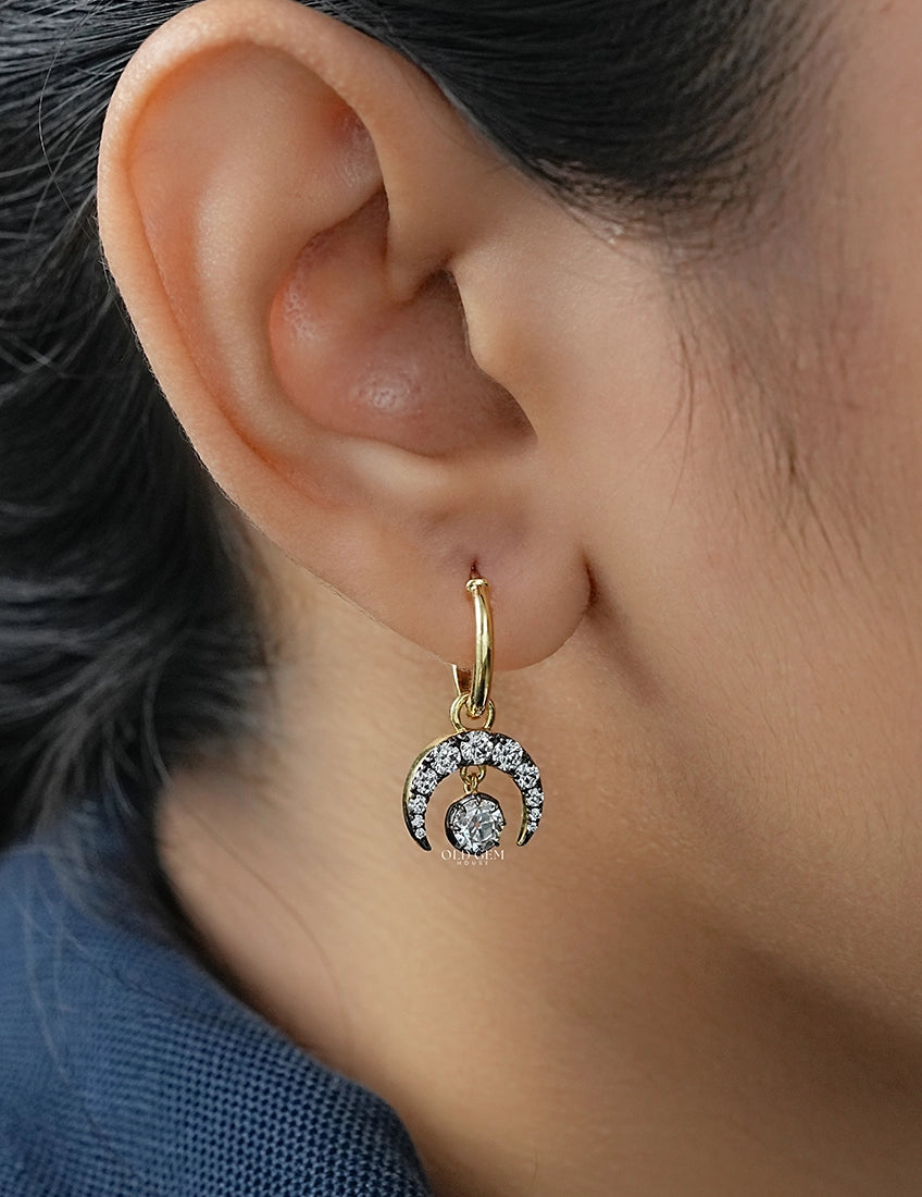 Victorian Style OEC Round Cut Crescent Moon Hoop Earring Earrings