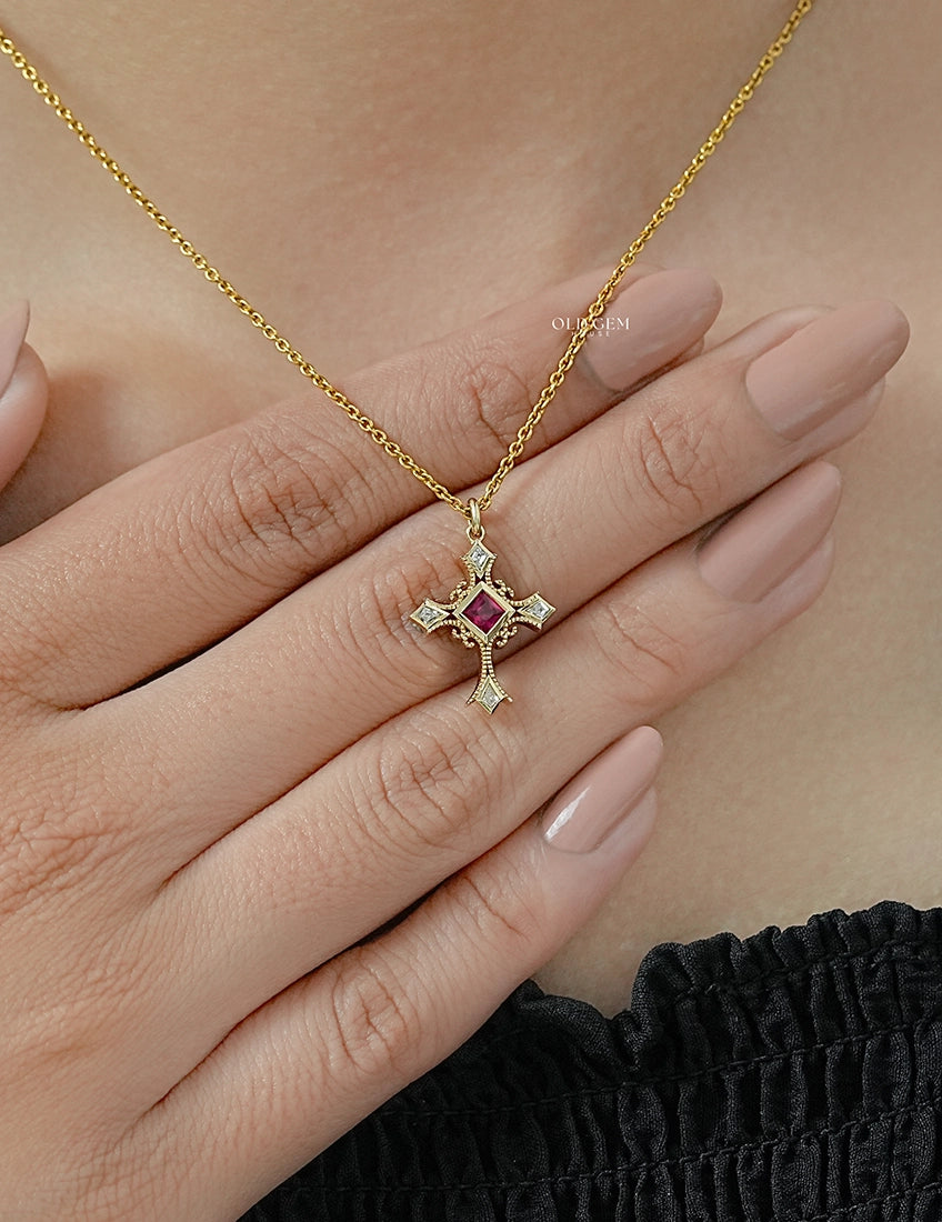 Red Gemstone Princess Cut Criss Cross Pendant Necklaces