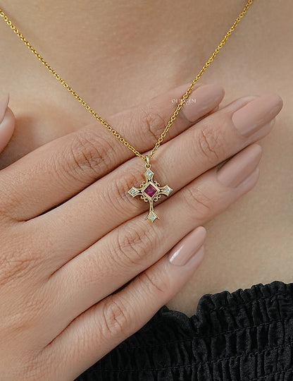 Red Gemstone Princess Cut Criss Cross Pendant Necklaces