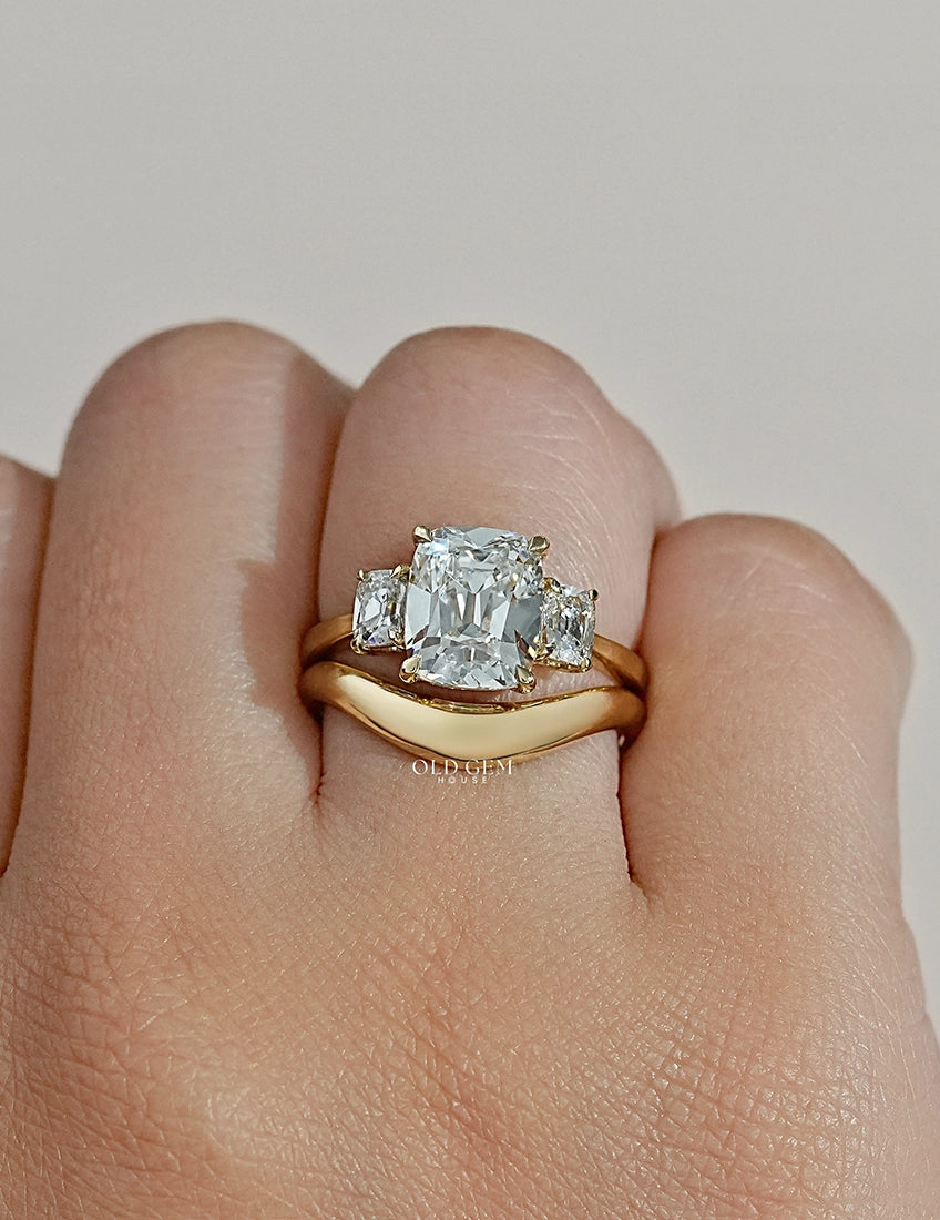 Georgian Old Mine Cushion Trilogy Diamond Curved Ring Set Engagement Ring