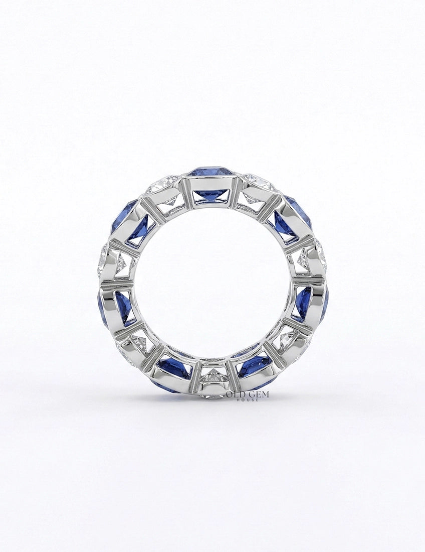 Cushion Cut Sapphire And Round Diamond Eternity Band Wedding Band