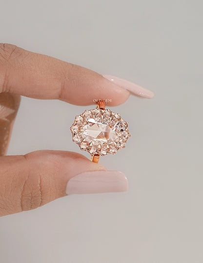 Oval Rose Cut  Lab Diamond Halo Engagement Ring