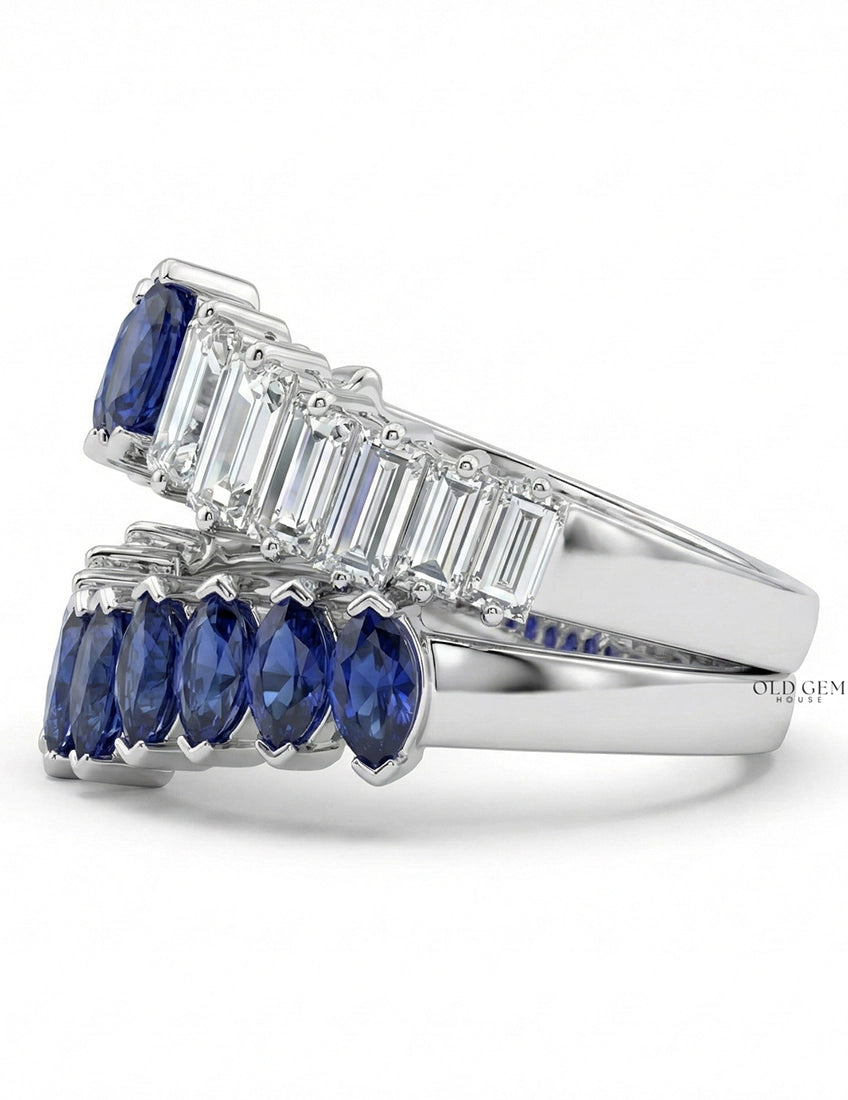 Double Row Marquise Blue Sapphire Gemstone Enhancer Ring Wedding Band