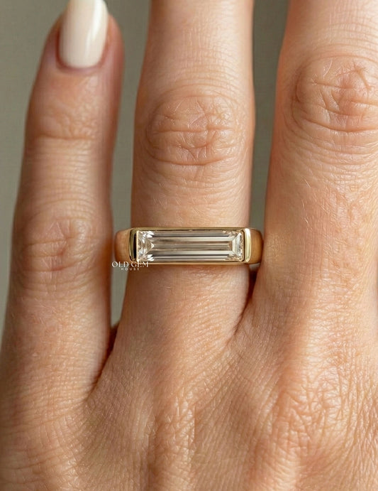 Mid Century East West Baguette Cut Lab Diamond Solitaire Ring Engagement Ring