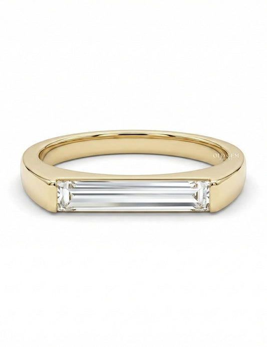 Mid Century East West Baguette Cut Lab Diamond Solitaire Ring Engagement Ring