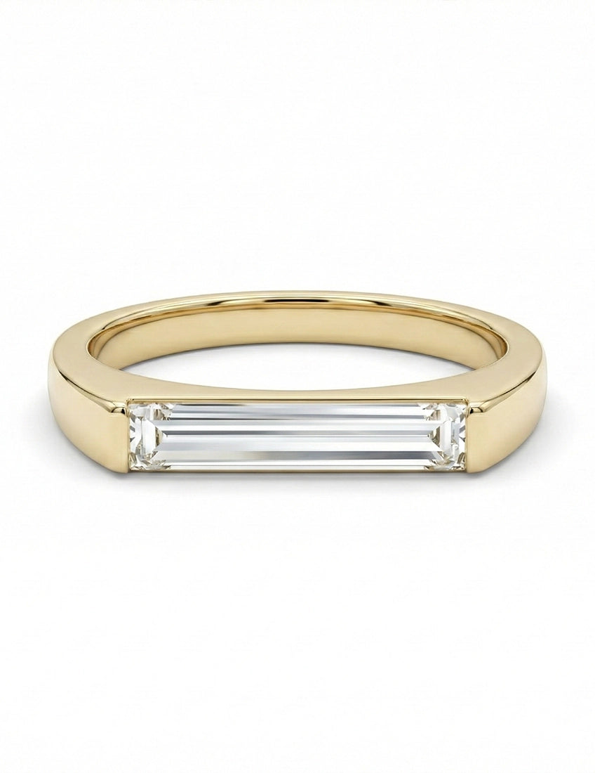 Mid Century East West Baguette Cut Lab Diamond Solitaire Ring Engagement Ring