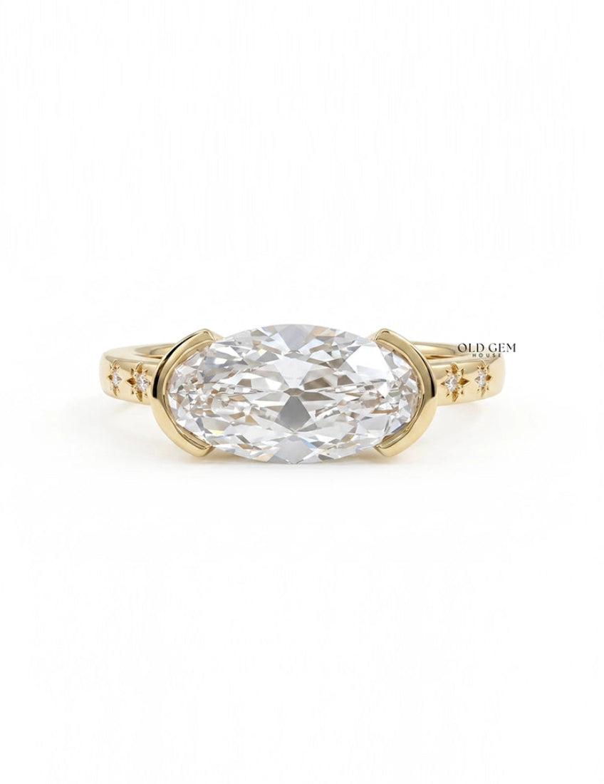 Georgian Old Mine Moval Cut Half Bezel Set Accent Ring Engagement Ring