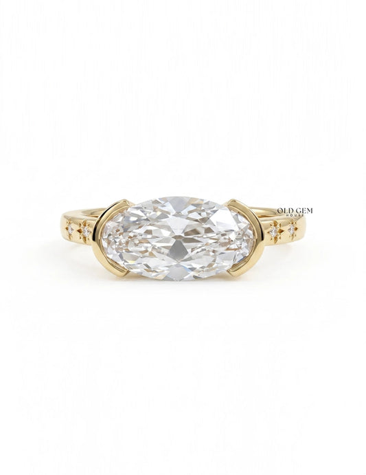 Georgian Old Mine Moval Cut Half Bezel Set Accent Ring Engagement Ring