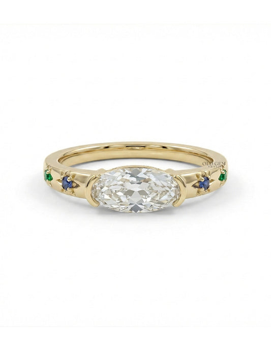 Georgian East West Old Mine Moval Half Bezel Set Ring Engagement Ring