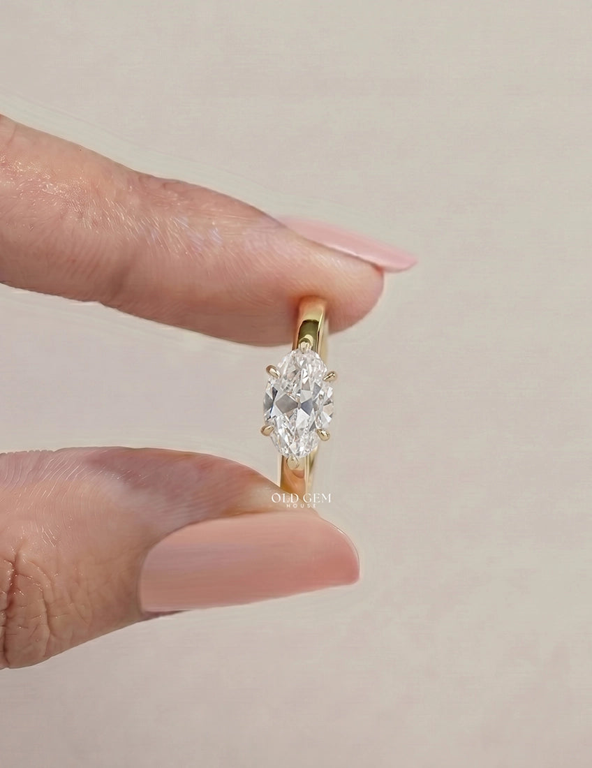 East West Old Mine Moval Lab Engagement Ring - Georgian Era Engagement Ring