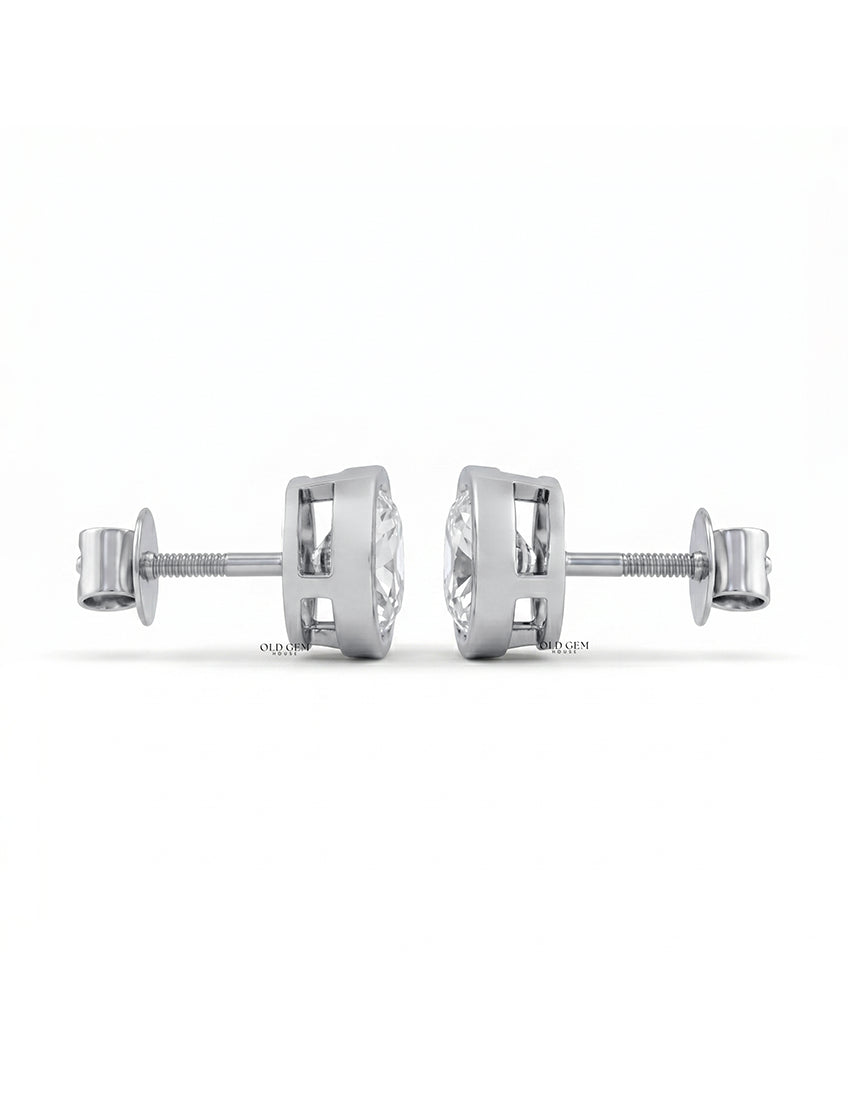 Old Mine Cushion Diamond Bezel Set Stud Earring Earrings